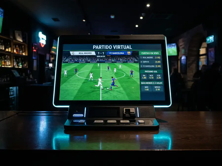 Pantalla de apuestas deportivas virtuales mostrando fútbol simulado con cuotas en tiempo real