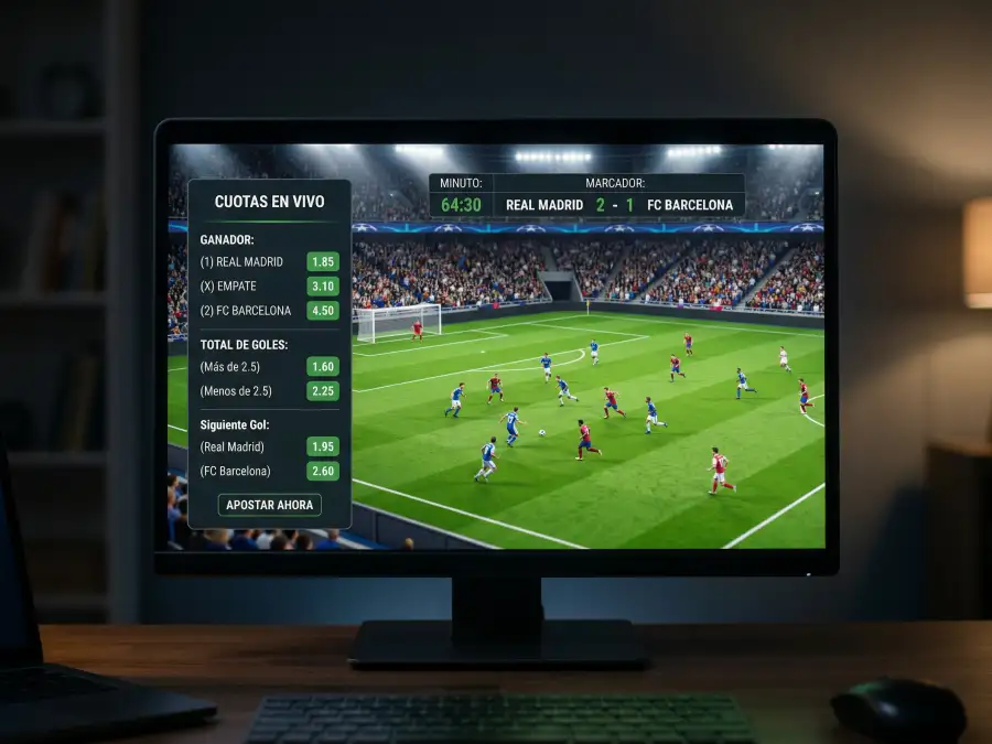Simulación de fútbol virtual en pantalla con cuotas y animación generada por RNG certificado